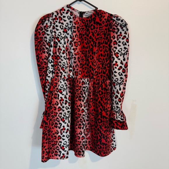 BATSHEVA RUFFLED LEOPARD PRINT VELVET DRESS RED WHITE LONG SLEEVE SZ 8 POCKETS - Picture 1 of 9